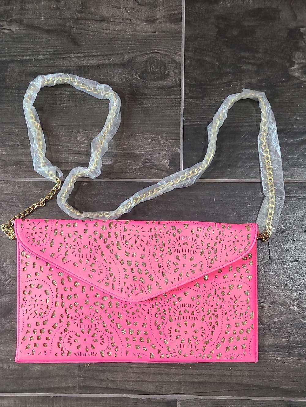 Olivia Miller Pink Laser-Cut Envelope Clutch with Gold Chain